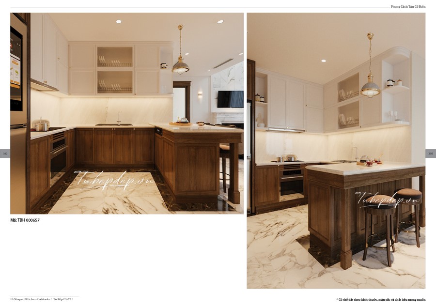 Thiết kế phòng bếp biệt thự tân cổ điển gỗ óc chó